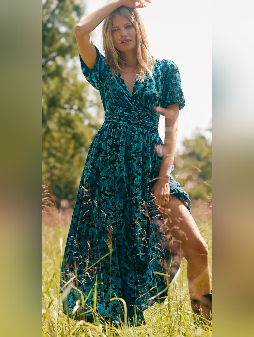 Anthropologie Katerina Blue Floral Velvet Maxi Dress